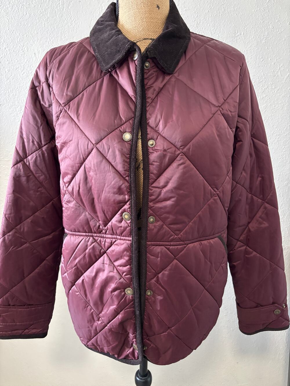Barbour Quilted Barn Jacket Corduroy Collar Womens Size 8 Utility Coat
